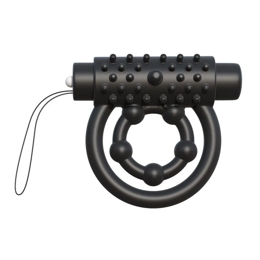 Anneau de pénis noir en silicone avec motifs texturés, perle stimulante illuminée en bleu, lanière de port, accompagné d'une télécommande noire Pipedream avec deux boutons de contrôle