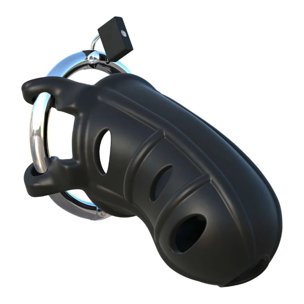 Cage de chasteté en silicone noir avec anneau acier chromé réglable, manchon ventilé avec orifices, cadenas bleu acier en haut, sur fond blanc