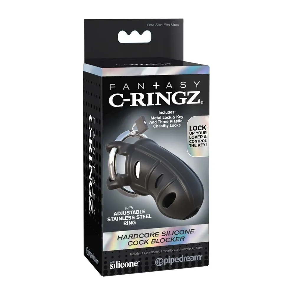 Cage de chasteté en silicone noir avec anneau acier chromé réglable, manchon ventilé avec orifices, cadenas bleu acier en haut, sur fond blanc