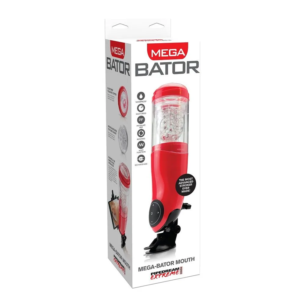 Emballage du masturbateur automatique Mega Bator rouge et noir avec corps transparent, ventouse de fixation et pince téléphone intégrée, sur fond blanc