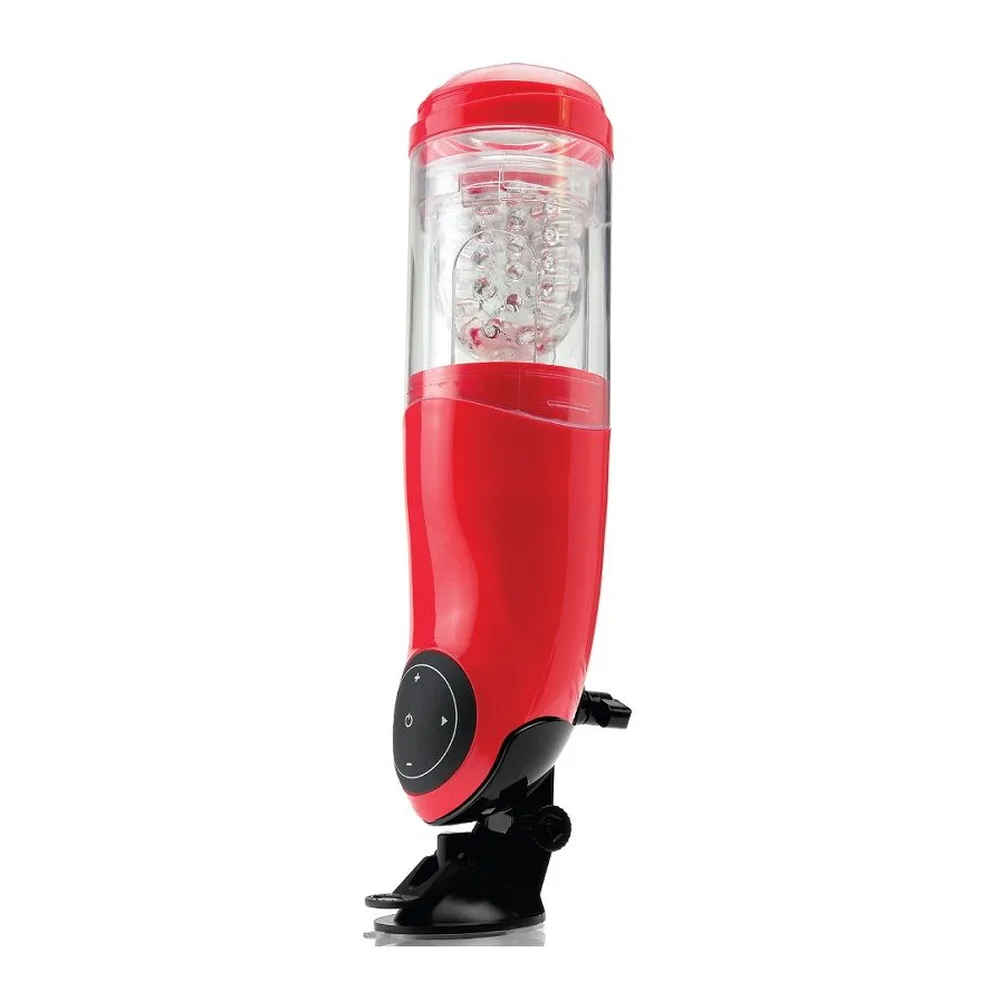 Emballage du masturbateur automatique Mega Bator rouge et noir avec corps transparent, ventouse de fixation et pince téléphone intégrée, sur fond blanc