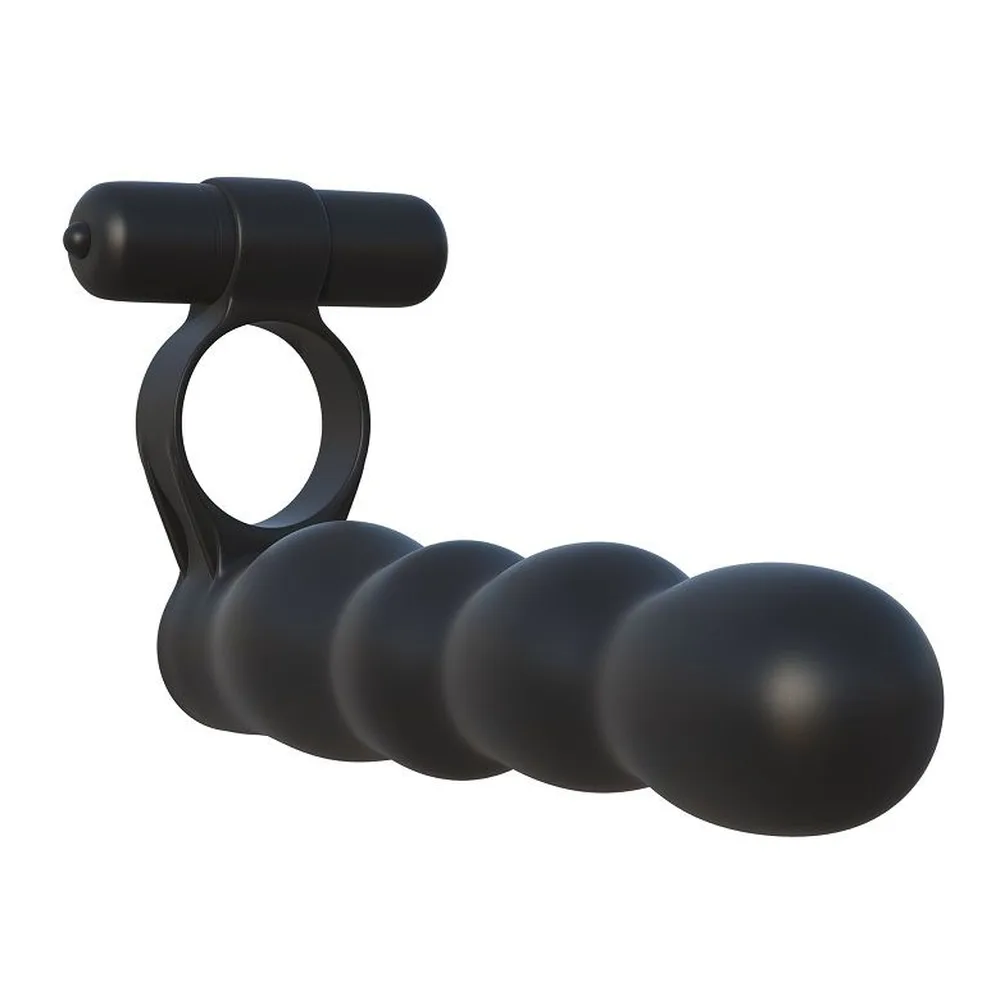 Anneau pénétrateur noir en silicone avec bras articulé et vibromasseur, montré en schéma technique avec annotations sur fond blanc