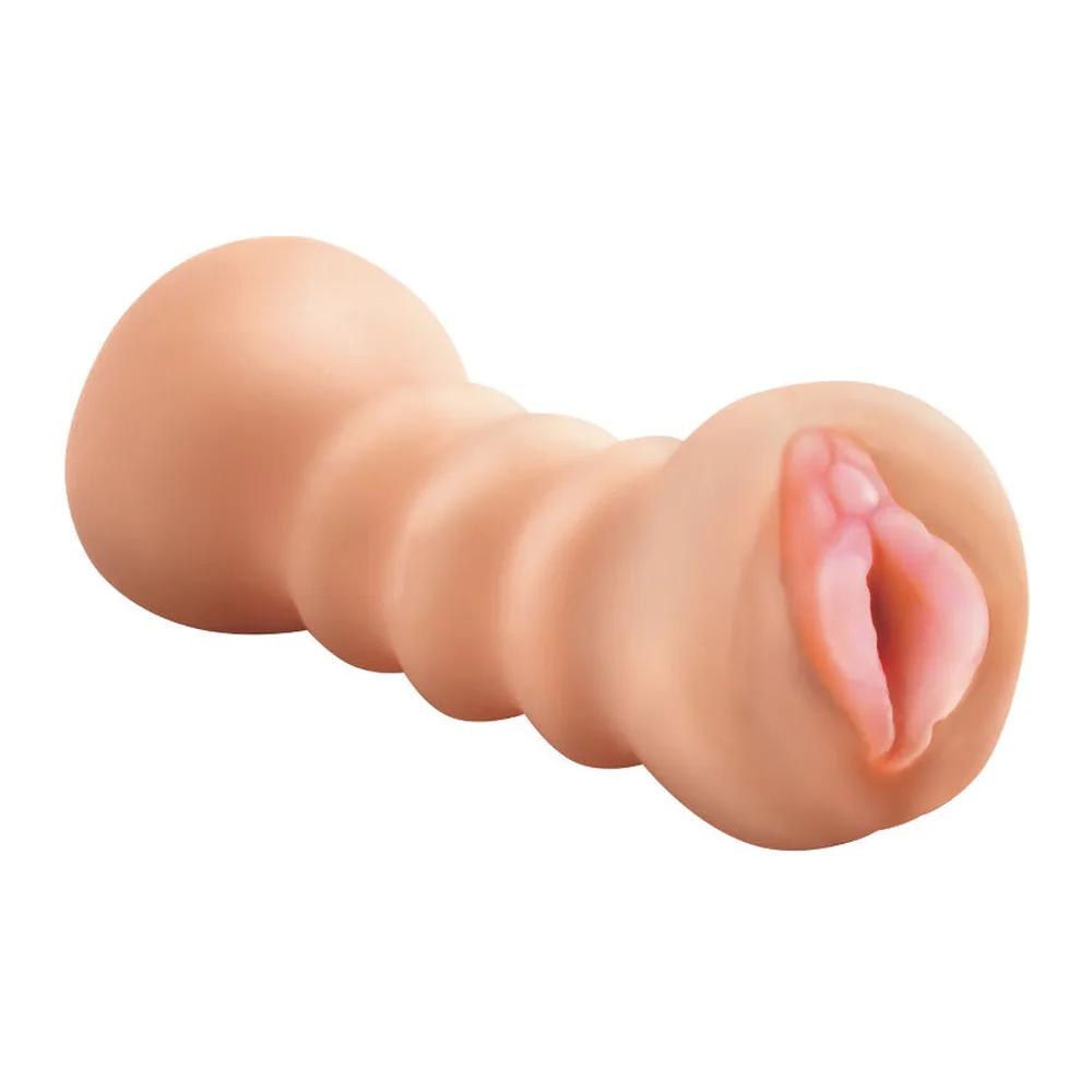 Masturbateur en silicone chair avec deux extrémités moulées : une ouverture anale d'un côté, une vulve rose de l'autre, sur fond blanc