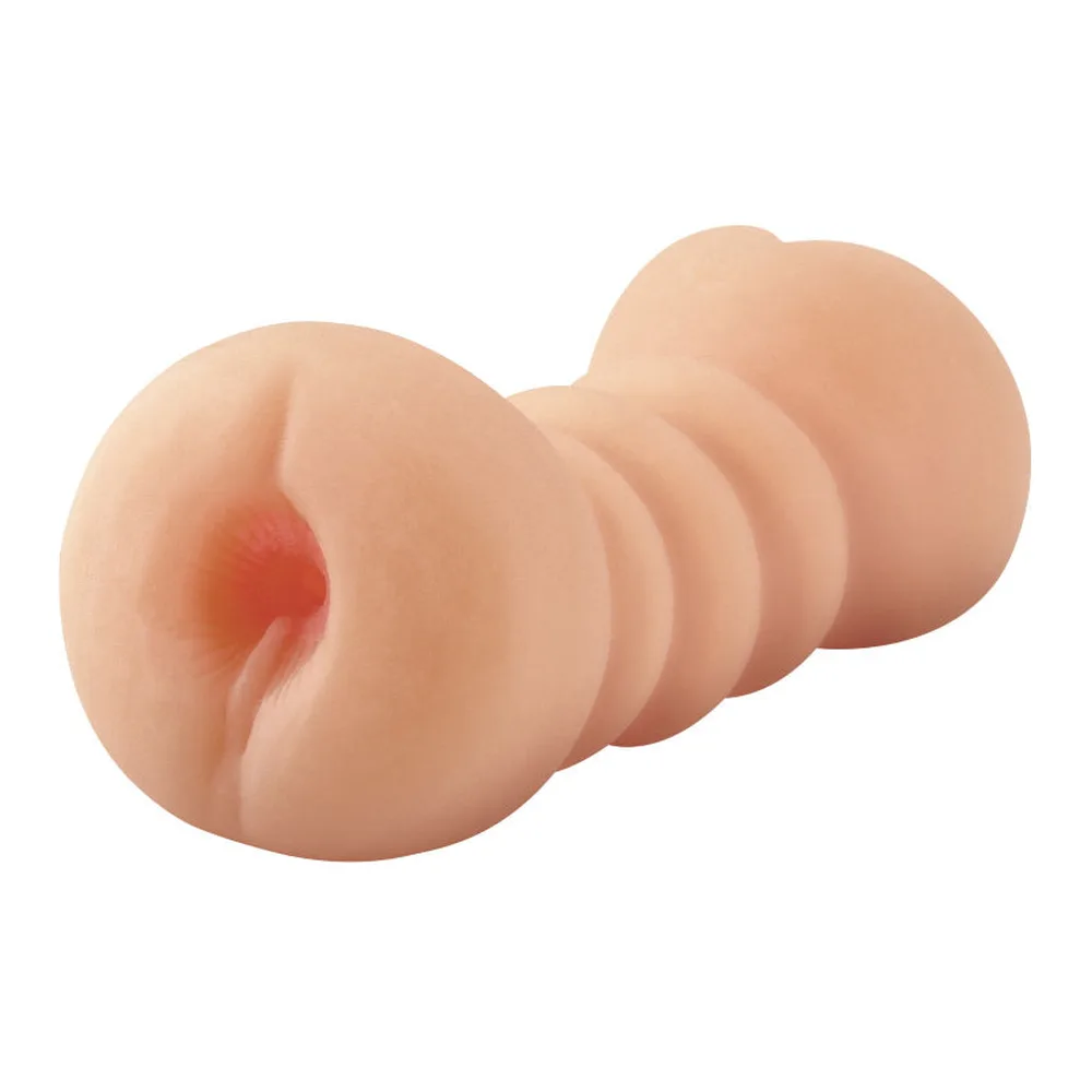 Masturbateur en silicone chair avec deux extrémités moulées : une ouverture anale d'un côté, une vulve rose de l'autre, sur fond blanc