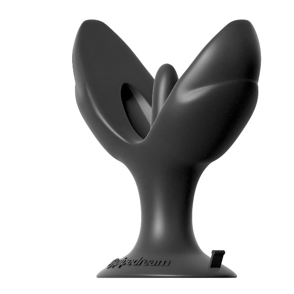 Écarteur anal en silicone noir avec deux ailes courbes symétriques et une base plate, vue de face sur fond blanc