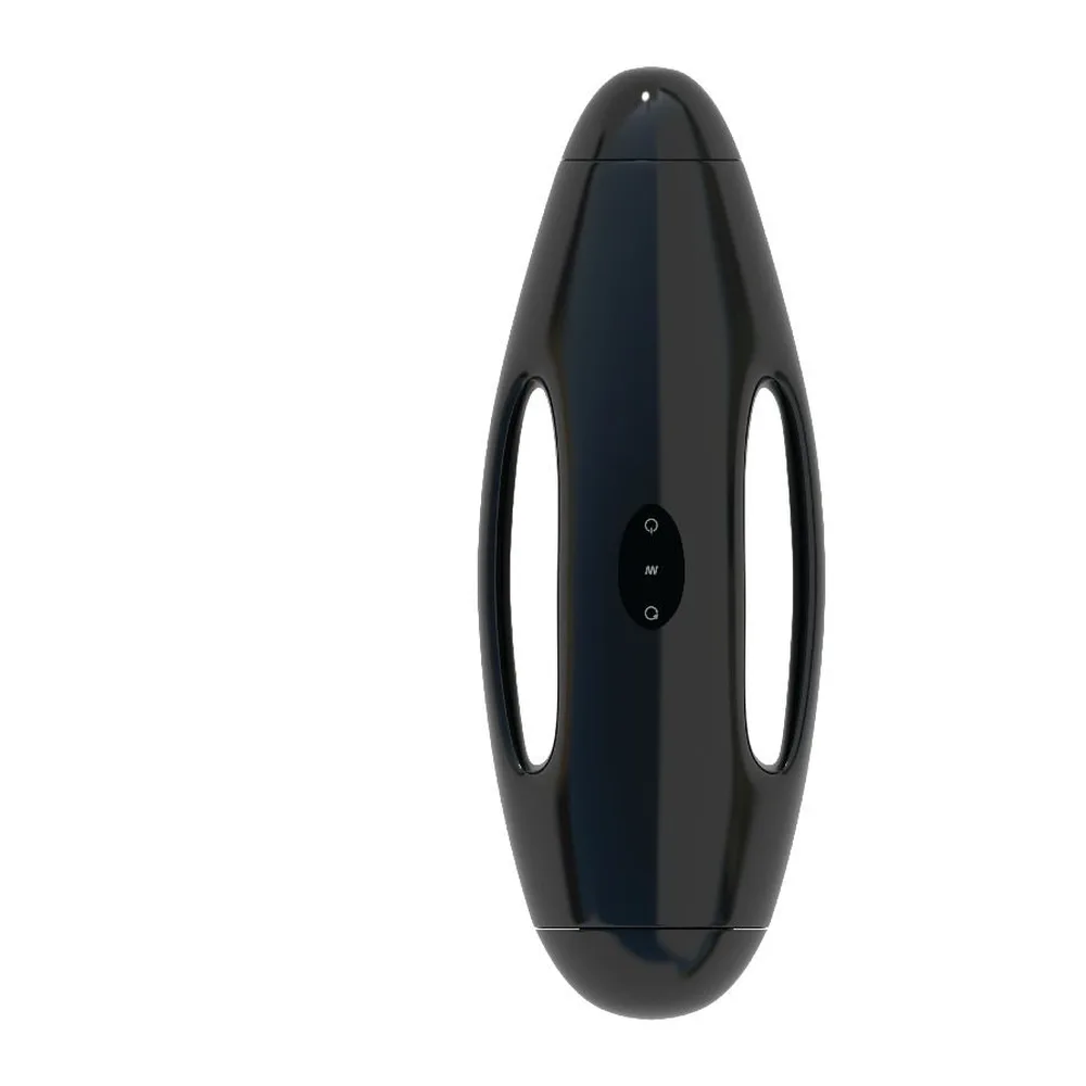 Machine à piston en silicone noir avec poignées latérales, commandes digitales centrales et orifice d'adaptation, sur fond blanc