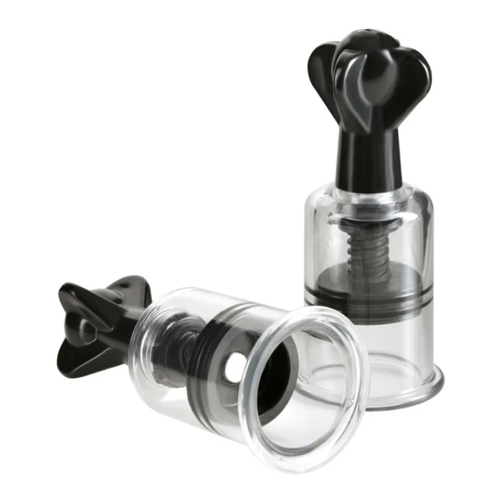 Emballage noir de la pinces à seins Super Suckers Fetish Fantasy Series, avec détails transparents et bouton de réglage noir, montrant le produit en vue détaillée