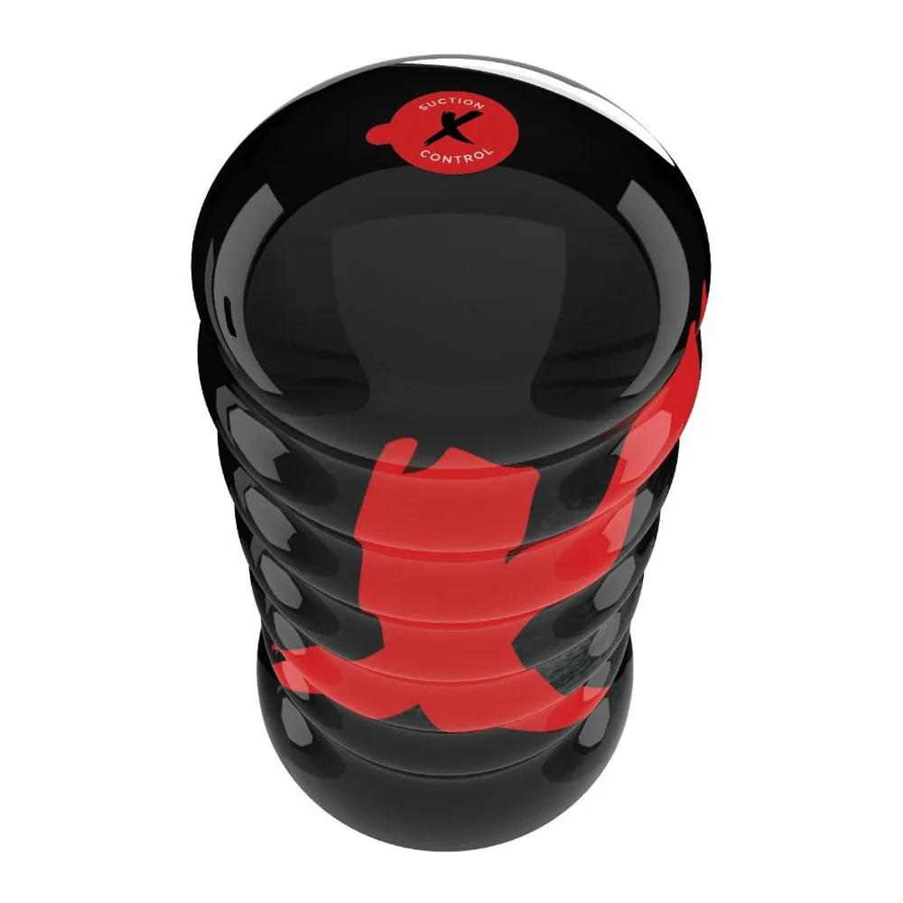 Masturbateur masculin PDX Elite noir avec entrée moulée en forme de bouche rouge, corps texturé et base noire sur fond blanc