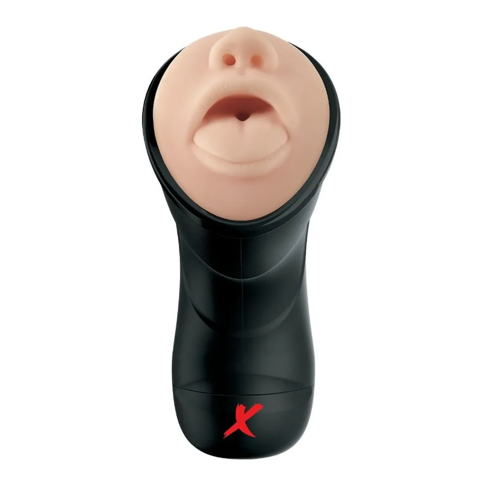 Masturbateur avec tête moulée en silicone chair, bouche ouverte, montée sur corps cylindrique noir avec logo rouge, vue de face sur fond blanc