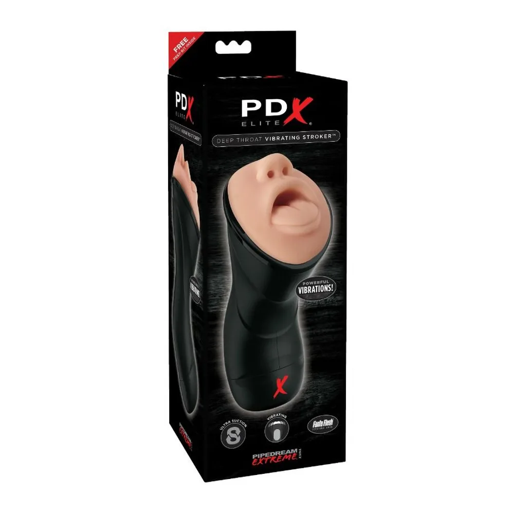 Masturbateur avec tête moulée en silicone chair, bouche ouverte, montée sur corps cylindrique noir avec logo rouge, vue de face sur fond blanc