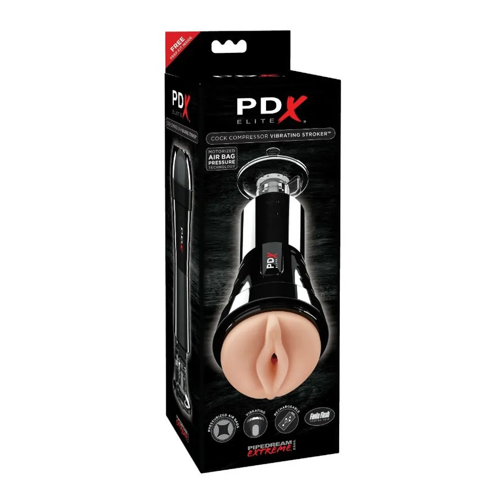 Masturbateur noir avec embout en silicone beige clair, tête transparente et système de commande supérieur sur fond blanc