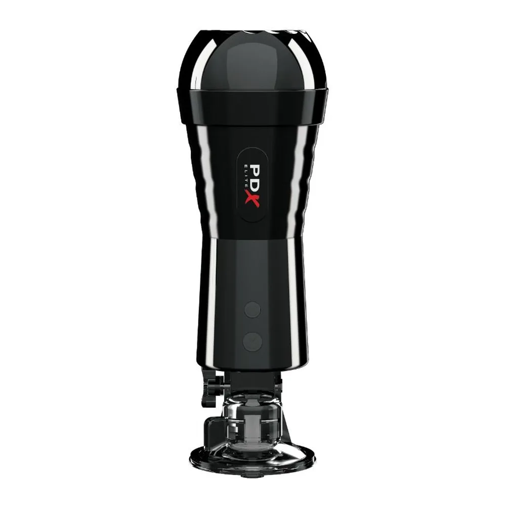 Masturbateur noir avec embout en silicone beige clair, tête transparente et système de commande supérieur sur fond blanc