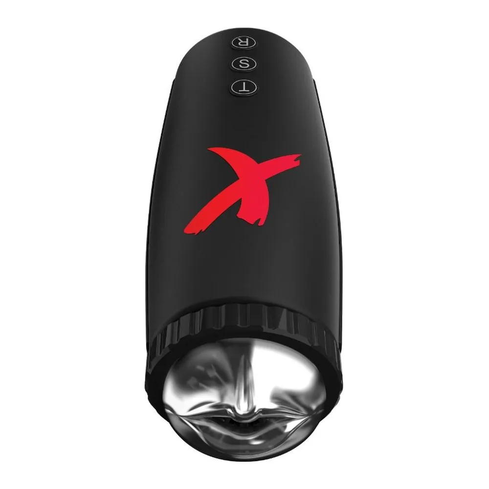 Masturbateur noir avec logo flèche rouge, trois boutons de contrôle en haut, ouverture transparente en bas montrant le mécanisme interne