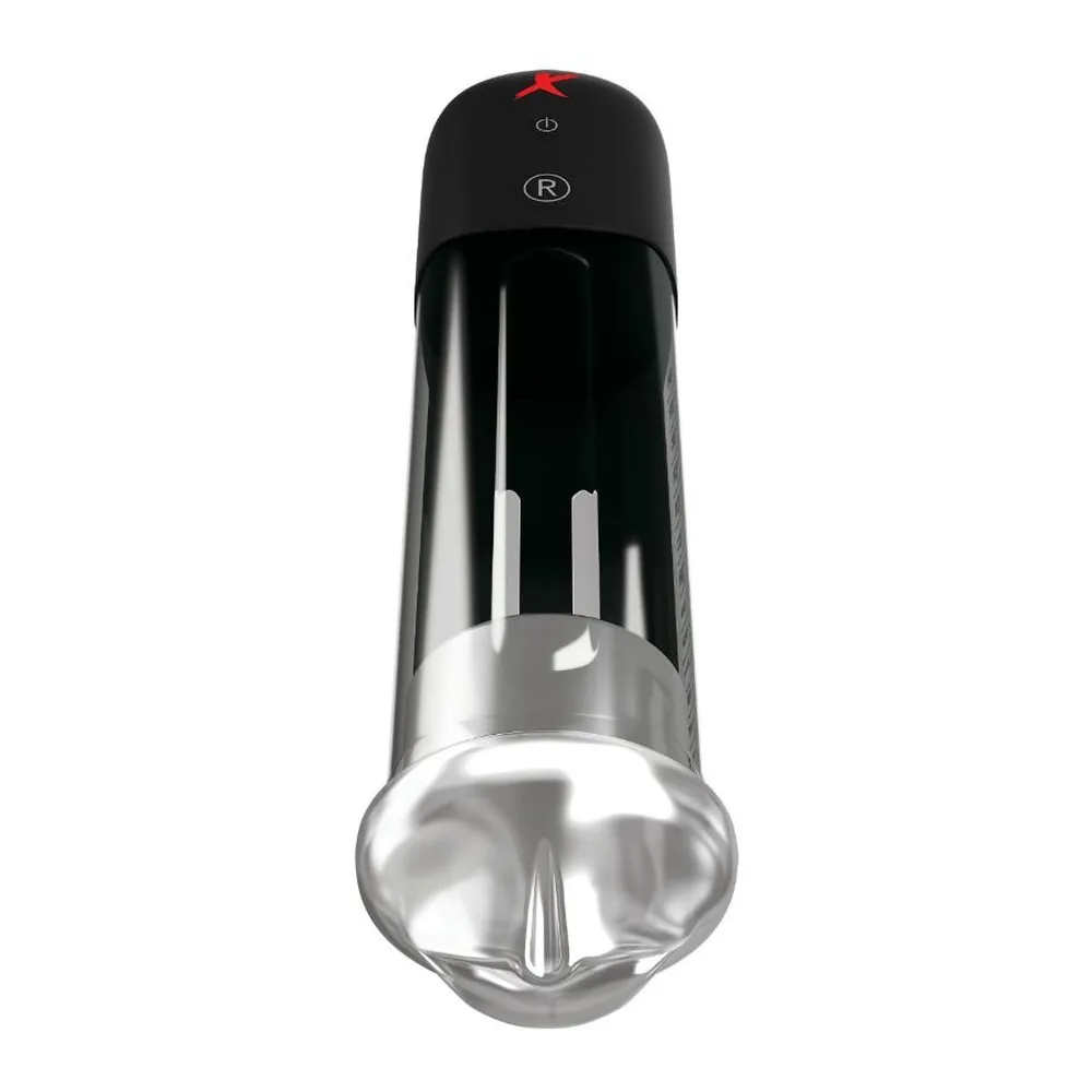 Pompe électrique noire et transparente avec embout amovible en silicone clair, boutons de commande sur le capuchon, vue de profil sur fond blanc
