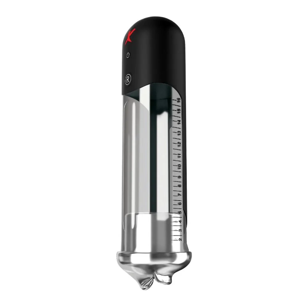 Pompe électrique noire et transparente avec embout amovible en silicone clair, boutons de commande sur le capuchon, vue de profil sur fond blanc