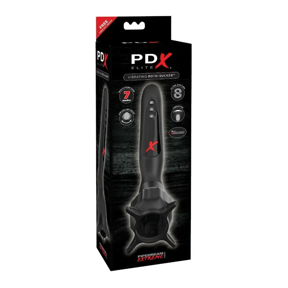 Emballage du stimulateur vibrant PDX Elite Roto-Sucker noir avec ventouse, affichant les caractéristiques produit et accessoires inclus