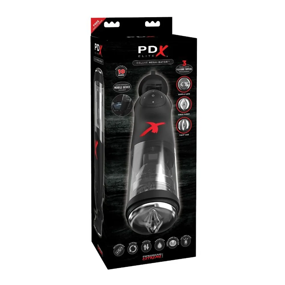 Masturbateur cylindrique noir et transparent avec logo rouge, capuchon amovible, boutons de commande et base texturée en acier inoxydable, sur fond blanc