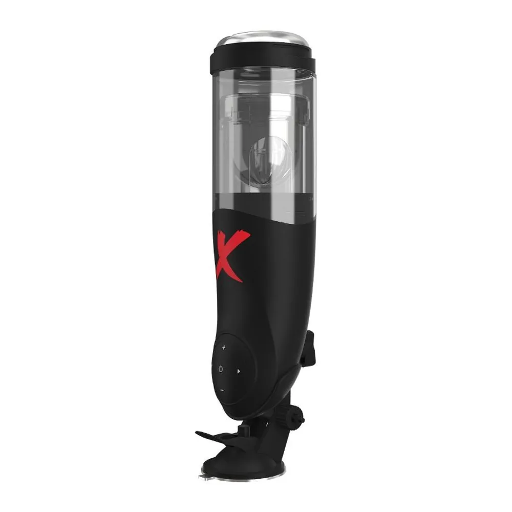 Masturbateur cylindrique noir et transparent avec logo rouge, capuchon amovible, boutons de commande et base texturée en acier inoxydable, sur fond blanc