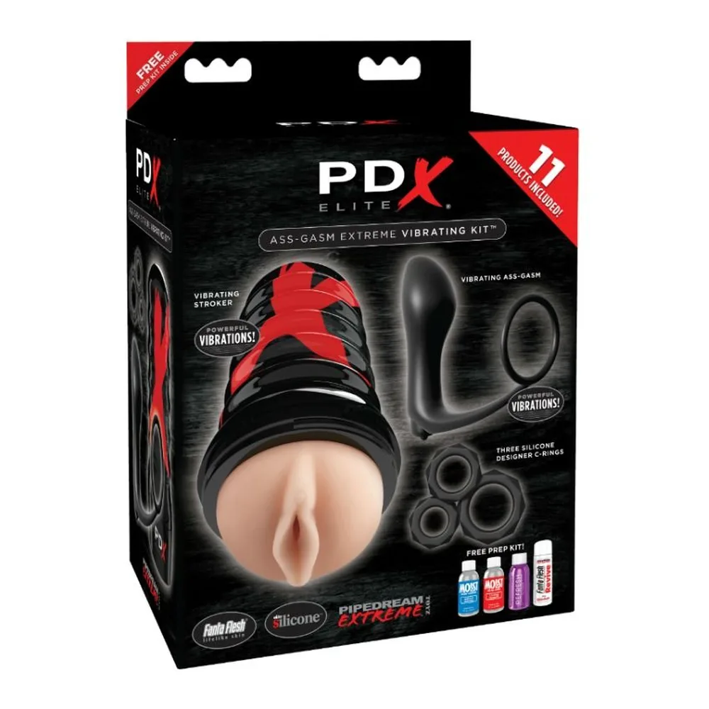 Masturbateur avec corps en silicone chair, embout noir et bande rouge et noir, vue de face montrant la texture interne et l'ouverture