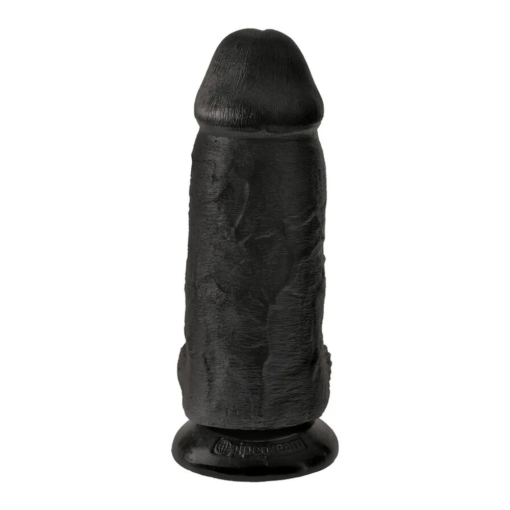 Gode réaliste en vinyle noir avec base ventouse, texturé, présenté à côté d'une canette rouge pour comparaison de taille