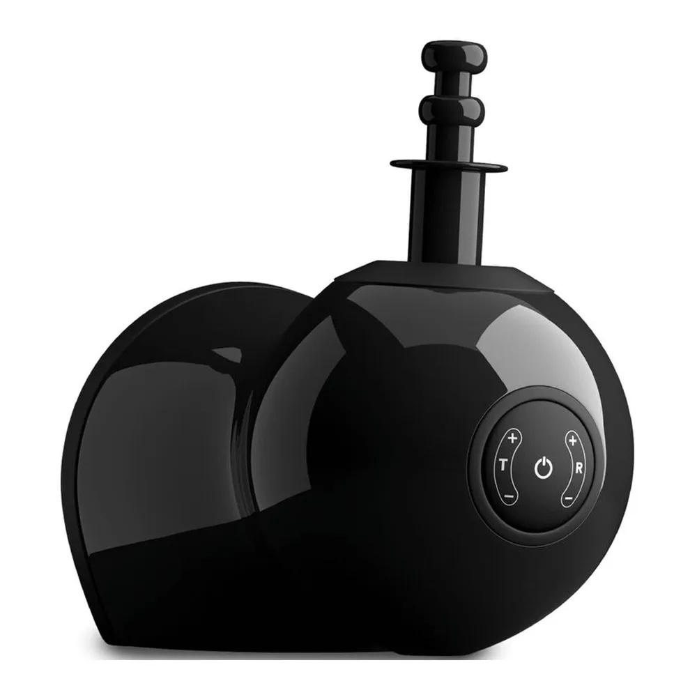 Sex machine de forme arrondie en noir avec télécommande sans fil, pompe de remplissage sur le dessus et panneau de contrôle tactile sur le côté