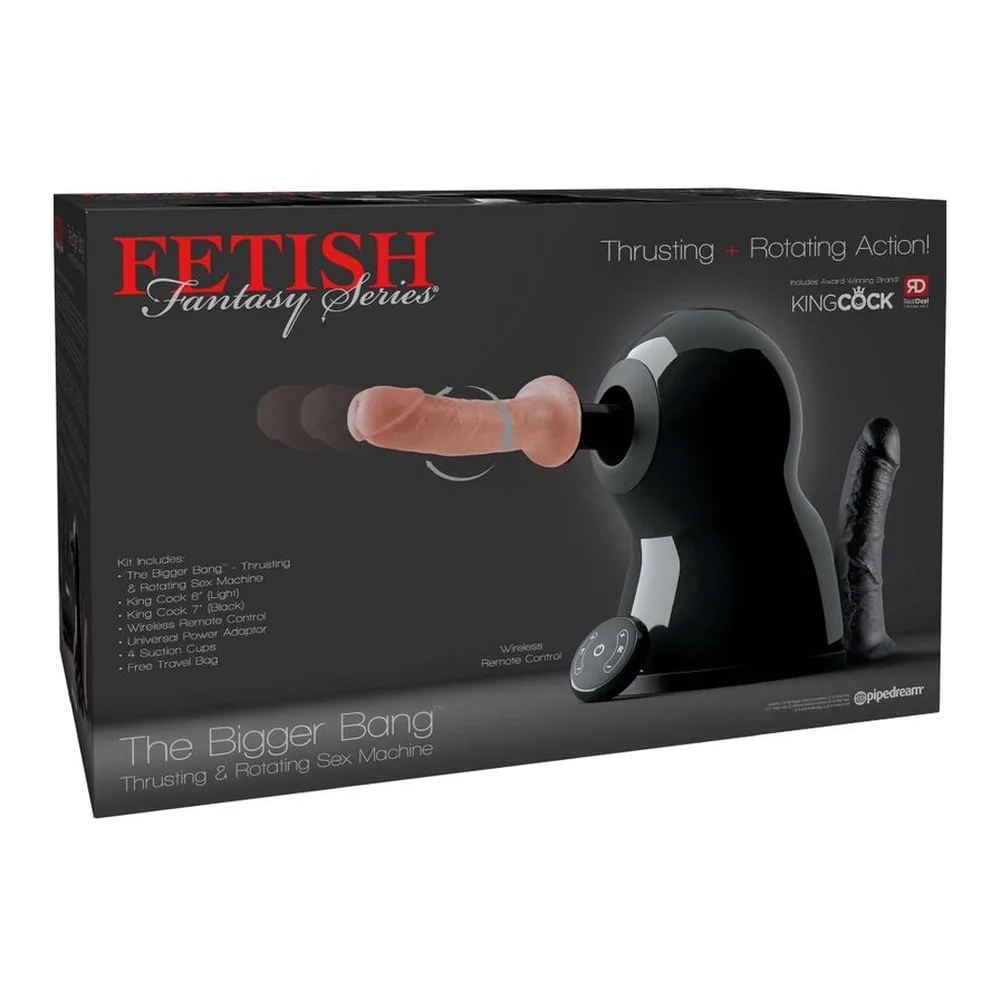 Sex machine de forme arrondie en noir avec télécommande sans fil, pompe de remplissage sur le dessus et panneau de contrôle tactile sur le côté