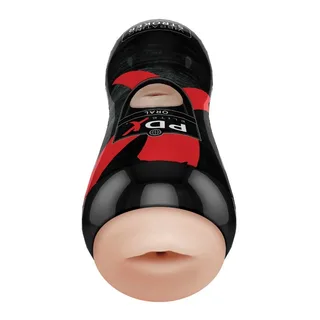 Masturbateur oral noir et rouge avec manchon en silicone chair, bande médiane rouge et capuchon noir avec text imprimé, vue de face sur fond blanc