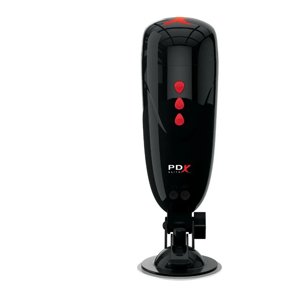 Masturbateur noir avec trois boutons de commande rouges, tête arrondie texturée, base ventouse pivotante et branding PDX, sur fond blanc