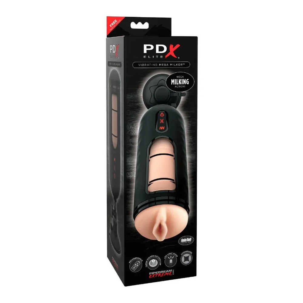 Vibromasseur noir avec enveloppe transparente, ventouse sur le dessus, contrôles avec symboles rouges, détails de compression visibles