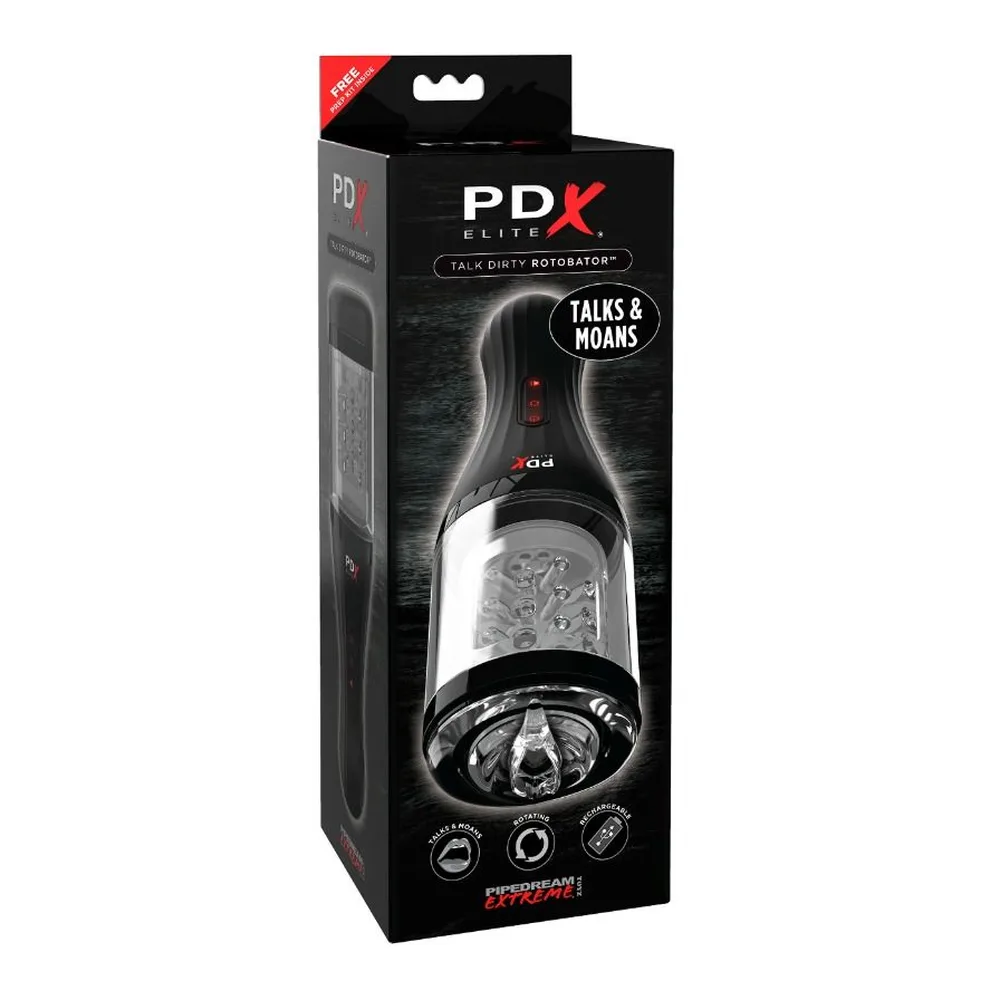 Masturbateur automatique noir et transparent avec motifs de rotation visibles, commandes tactiles rouges et logo PDX, sur fond blanc