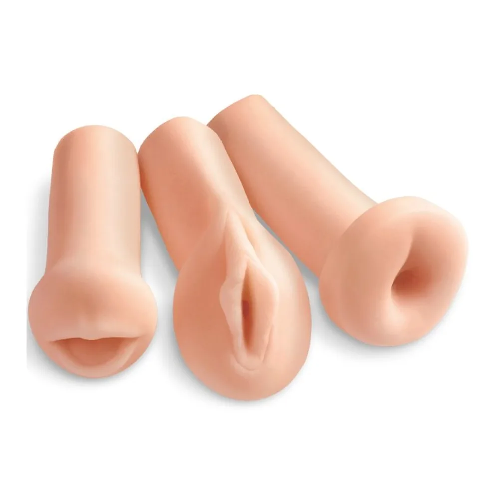 Kit de trois manchons masturbateurs en silicone chair : une bouche, un vagin et un anus, présentés côte à côte sur fond blanc