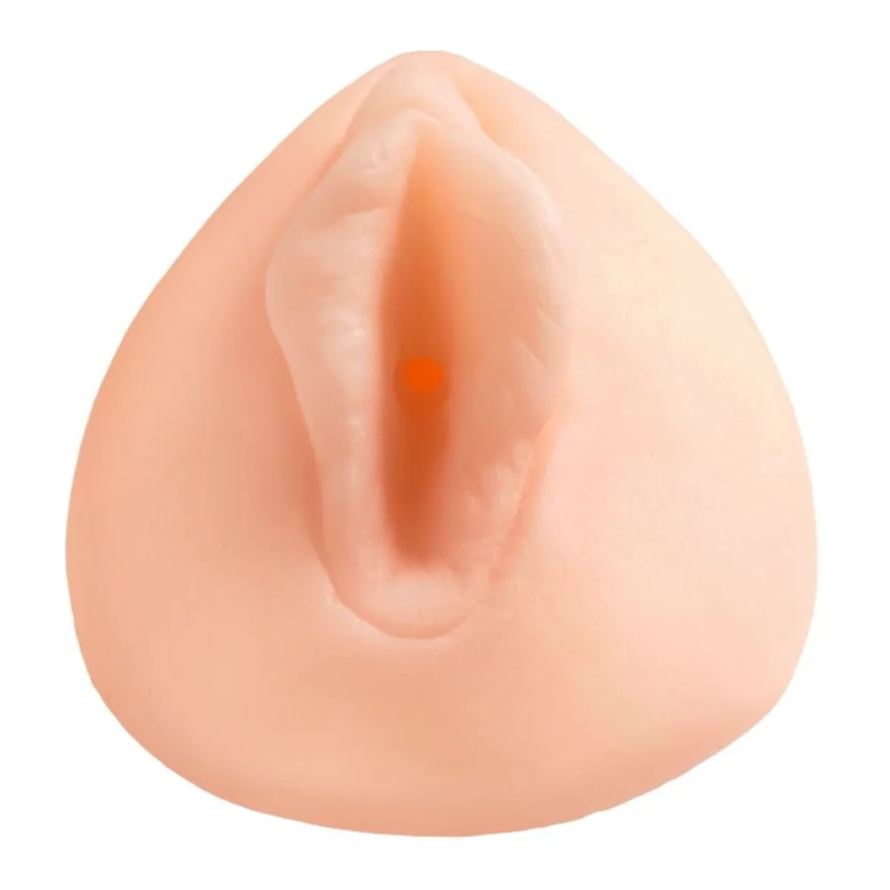 Masturbateur en latex de couleur chair en forme de vulve, vue de face sur fond blanc