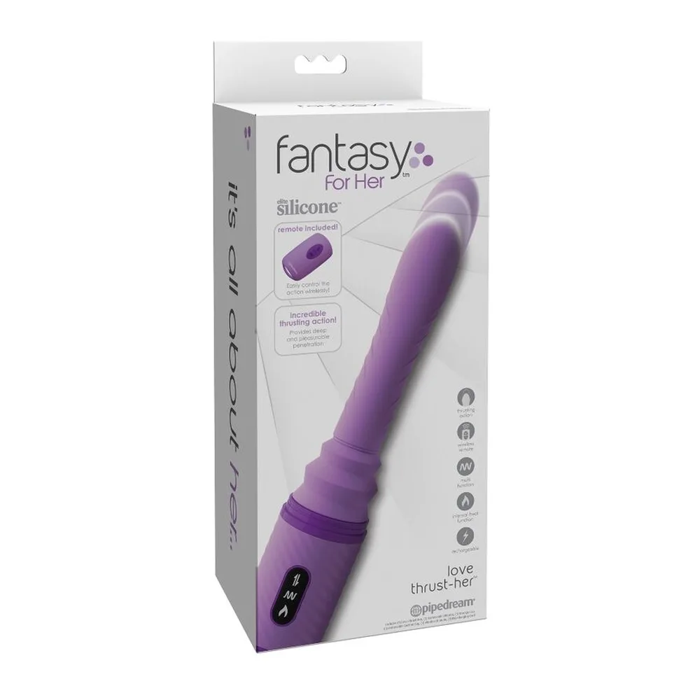 Emballage d'un vibromasseur silicone rose mauve de marque Fantasy For Her, présenté en boîte avec télécommande visible et symboles de fonctionnalités