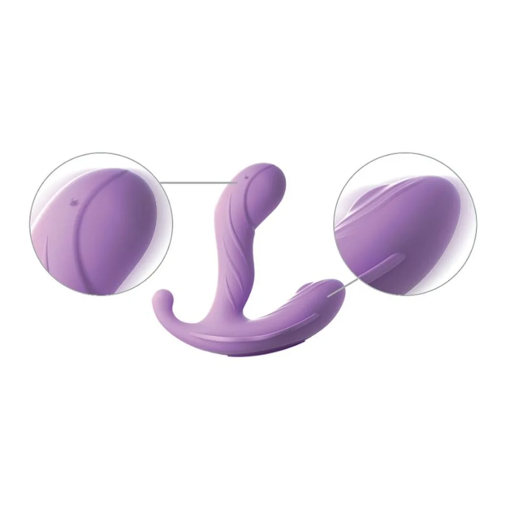 Vibromasseur point G en silicone mauve avec une branche principale incurvée, une petite protubérance latérale et une queue prolongée vers l'arrière, sur fond blanc