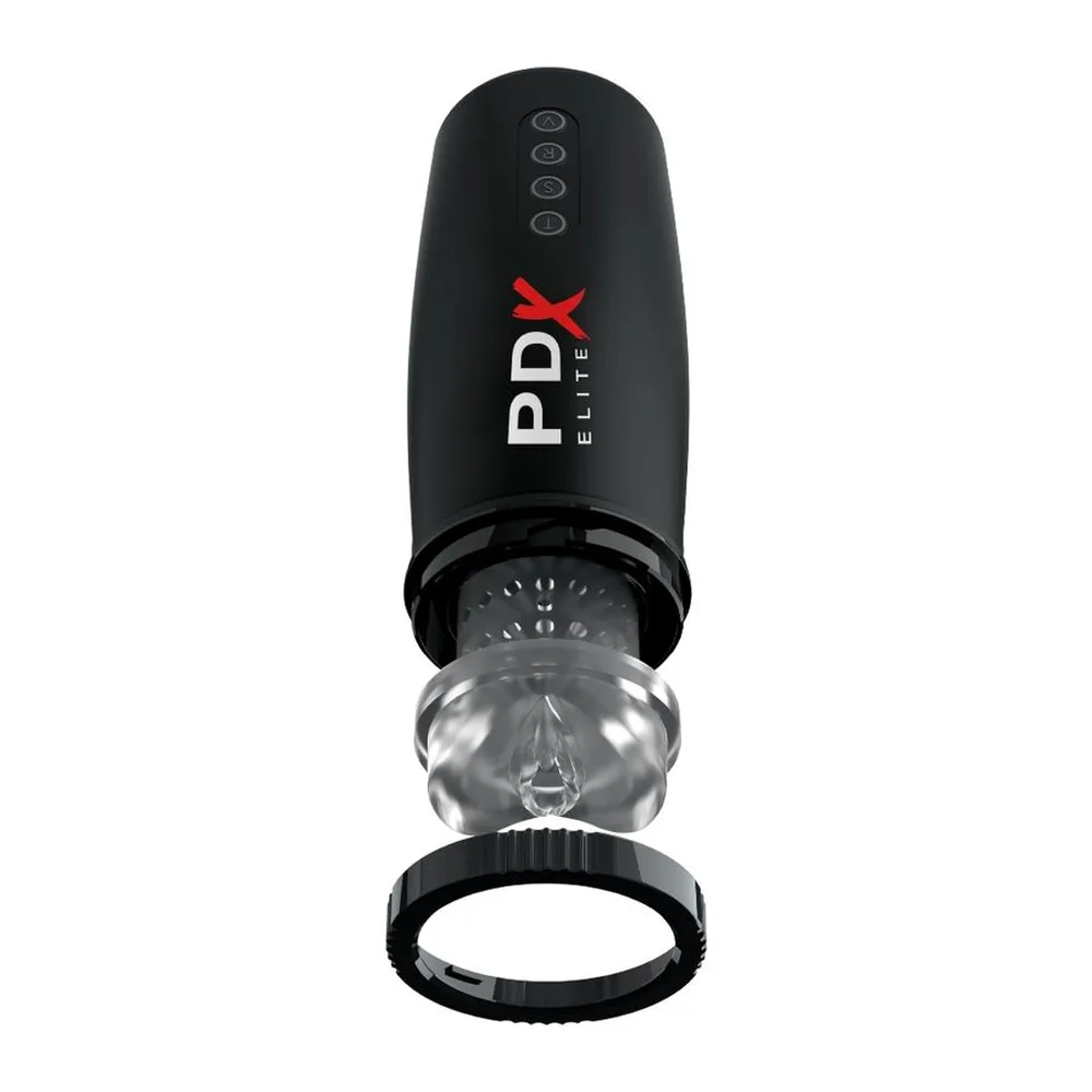 Masturbateur noir avec tête articulée en métal, corps cylindrique mat avec logo PDX blanc et rouge, boutons de contrôle en bas, sur fond blanc
