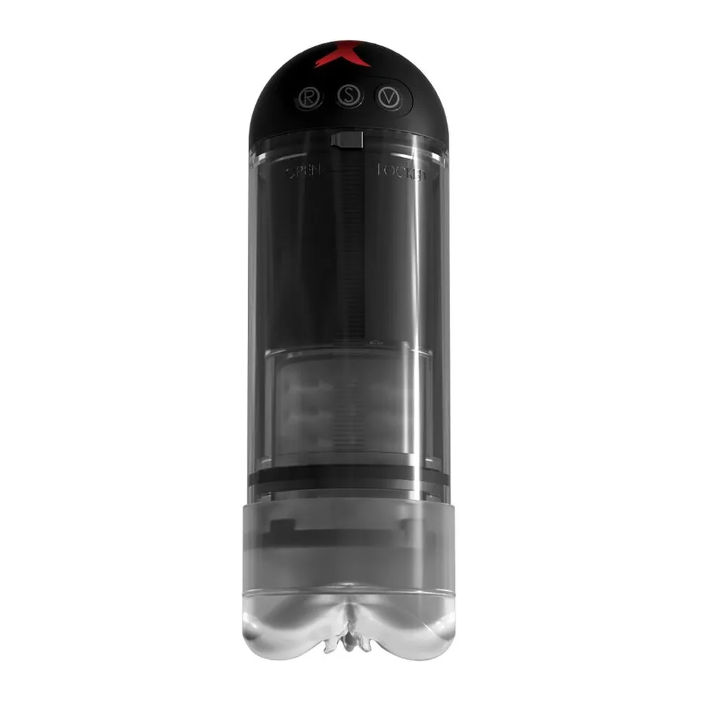 Masturbateur cylindrique noir et transparent avec dôme de commande à trois boutons, tube extensible avec sections translucides et base en silicone texturé, sur fond blanc