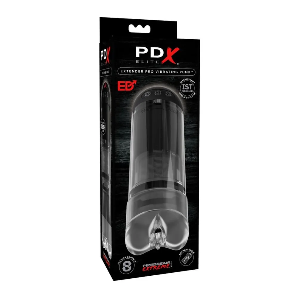 Masturbateur cylindrique noir et transparent avec dôme de commande à trois boutons, tube extensible avec sections translucides et base en silicone texturé, sur fond blanc
