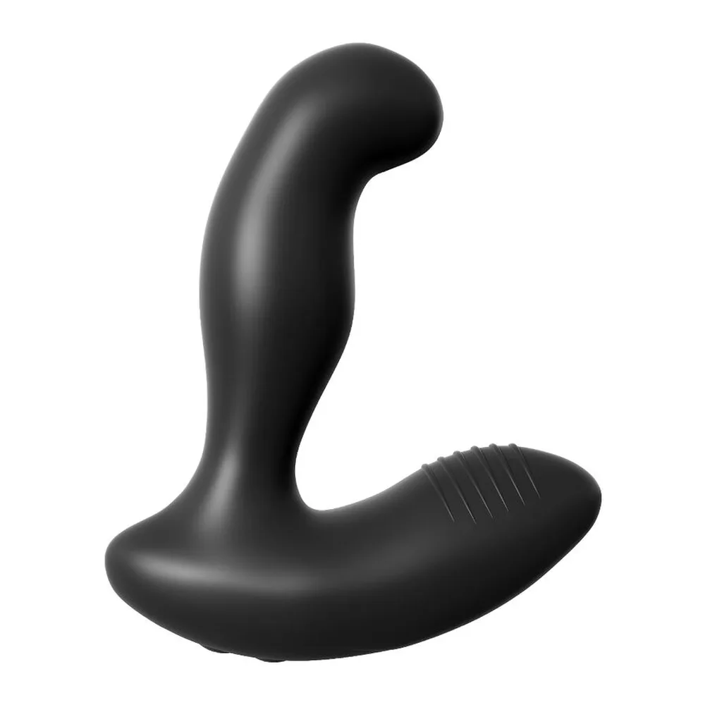 Stimulateur de prostate noir en silicone avec tête courbe et zone nervurée, symboles d'électrostimulation violets indiquant les fonctions sur fond blanc