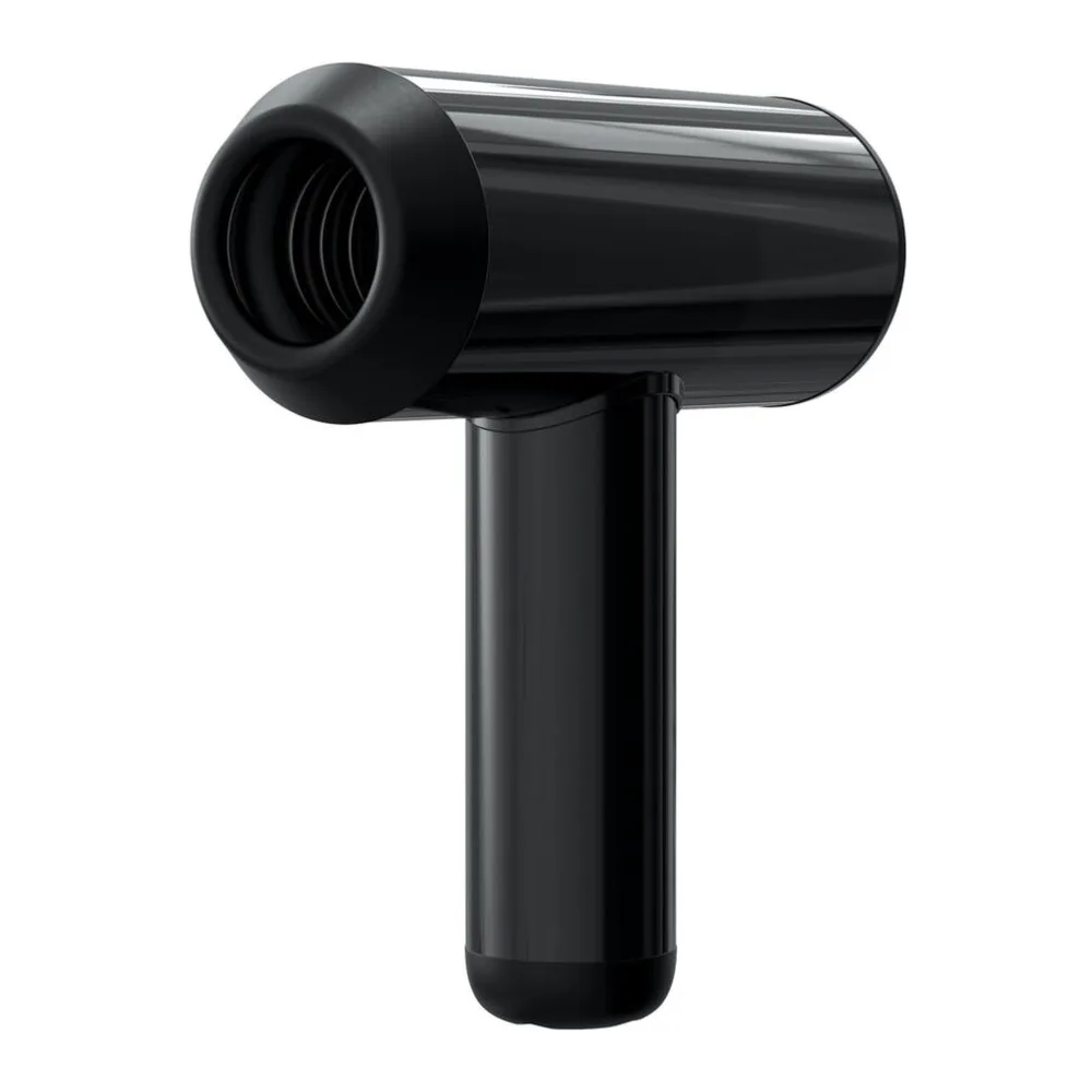 Masturbateur automatique noir avec tunnel cylindrique aux deux extrémités ouvertes, tête en silicone et poignée ergonomique, sur fond blanc