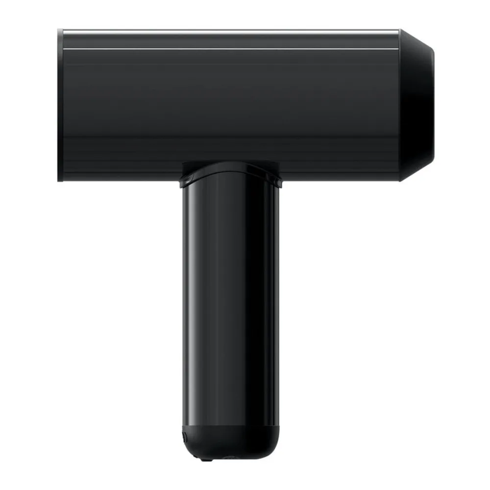 Masturbateur automatique noir avec tunnel cylindrique aux deux extrémités ouvertes, tête en silicone et poignée ergonomique, sur fond blanc