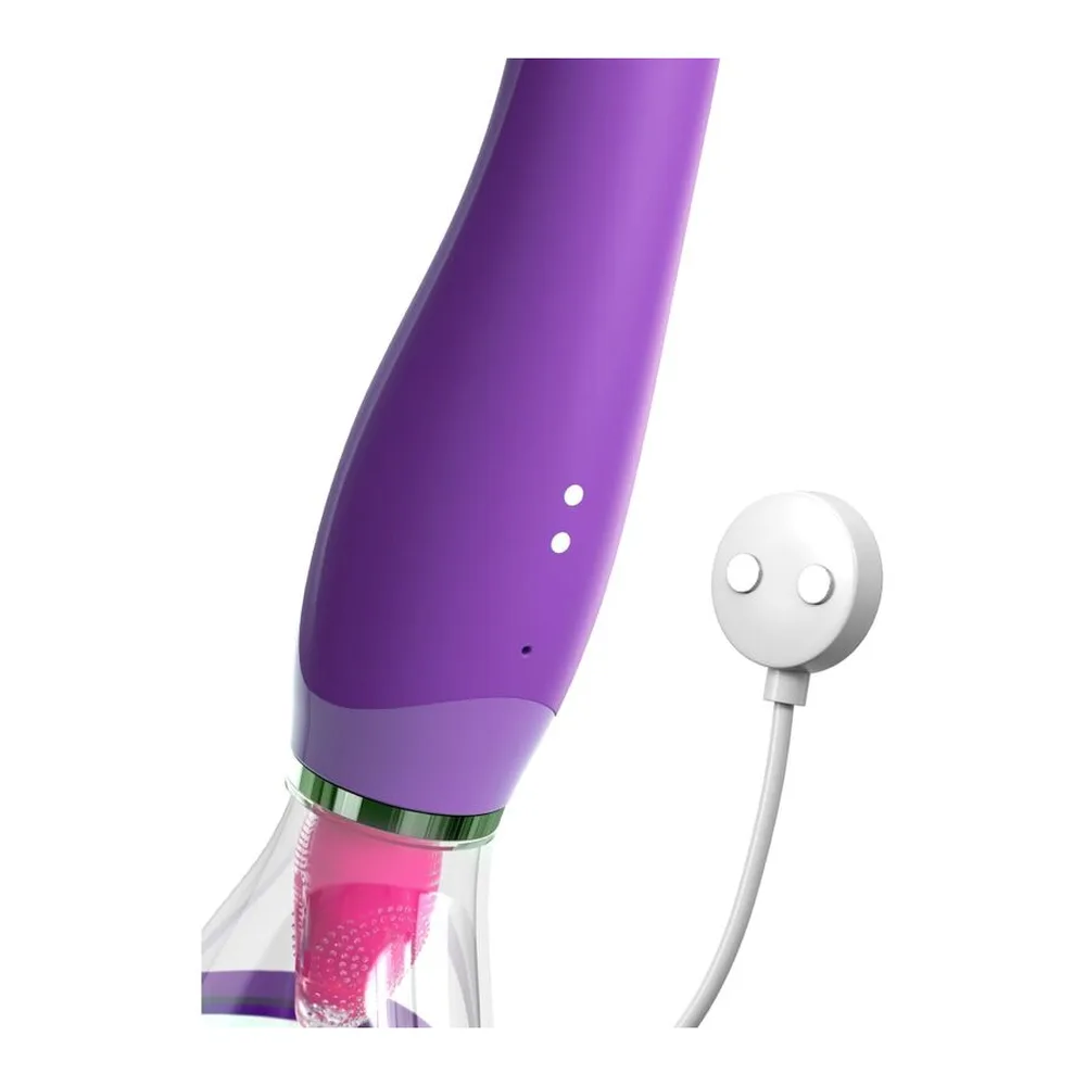 Stimulateur clitoridien violet avec embout rose texturé, deux boutons de commande, câble blanc avec télécommande sphérique grise à deux boutons, sur fond blanc