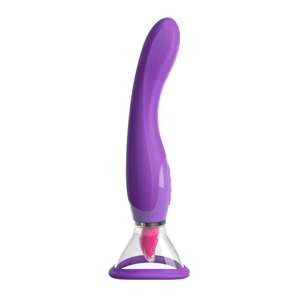 Stimulateur clitoridien violet avec embout rose texturé, deux boutons de commande, câble blanc avec télécommande sphérique grise à deux boutons, sur fond blanc