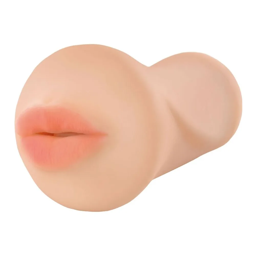 Masturbateur en silicone chair avec ouverture en forme de bouche aux lèvres roses, texture réaliste, format compact tubulaire