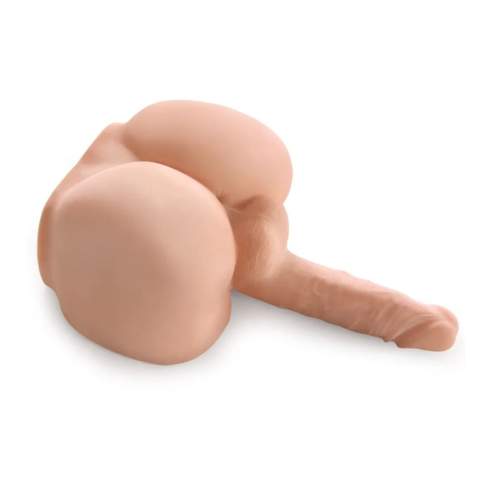 Masturbateur en silicone couleur chair avec forme de fesses et de verge, texturisé, sur fond blanc
