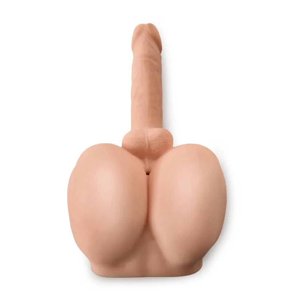 Masturbateur en silicone couleur chair avec forme de fesses et de verge, texturisé, sur fond blanc
