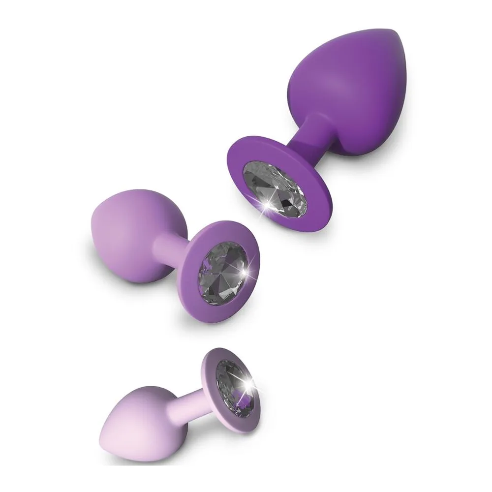 Emballage boîte blanche de l'ensemble de trois plugs anaux graduées Fantasy For Her en silicone, coloris dégradé de rose à violet, avec cristaux à la base