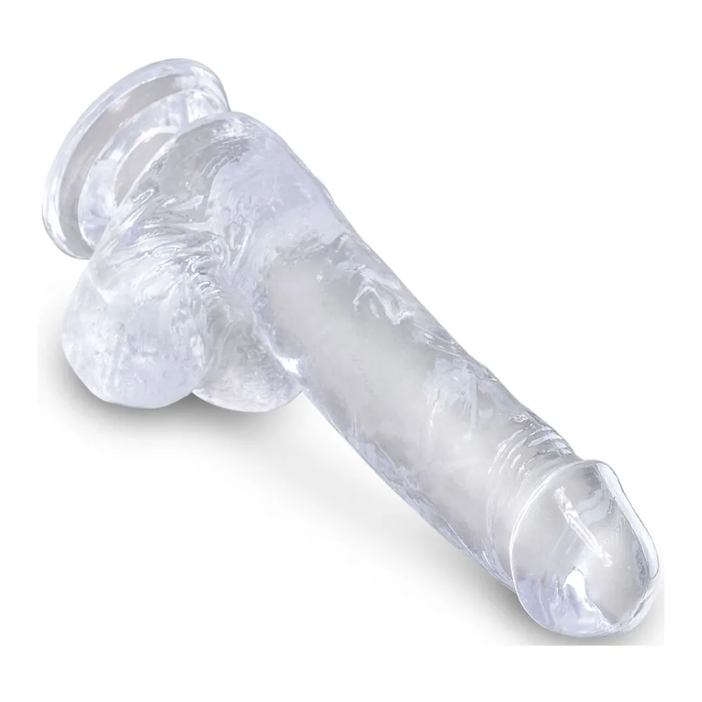 Gode réaliste en gel transparent avec base en forme de boules et ventouse, sur fond blanc