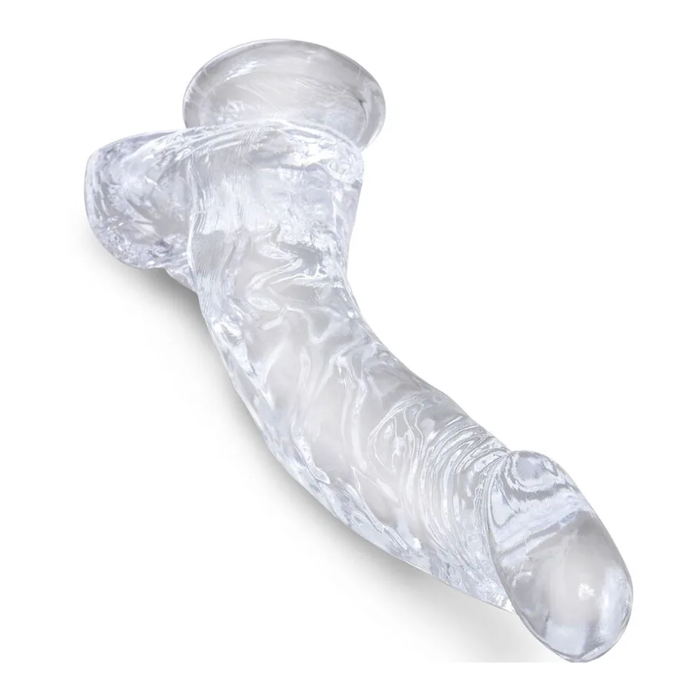 Gode réaliste en silicone translucide avec courbure prononcée, base en forme de boules et ventouse de fixation, sur fond blanc