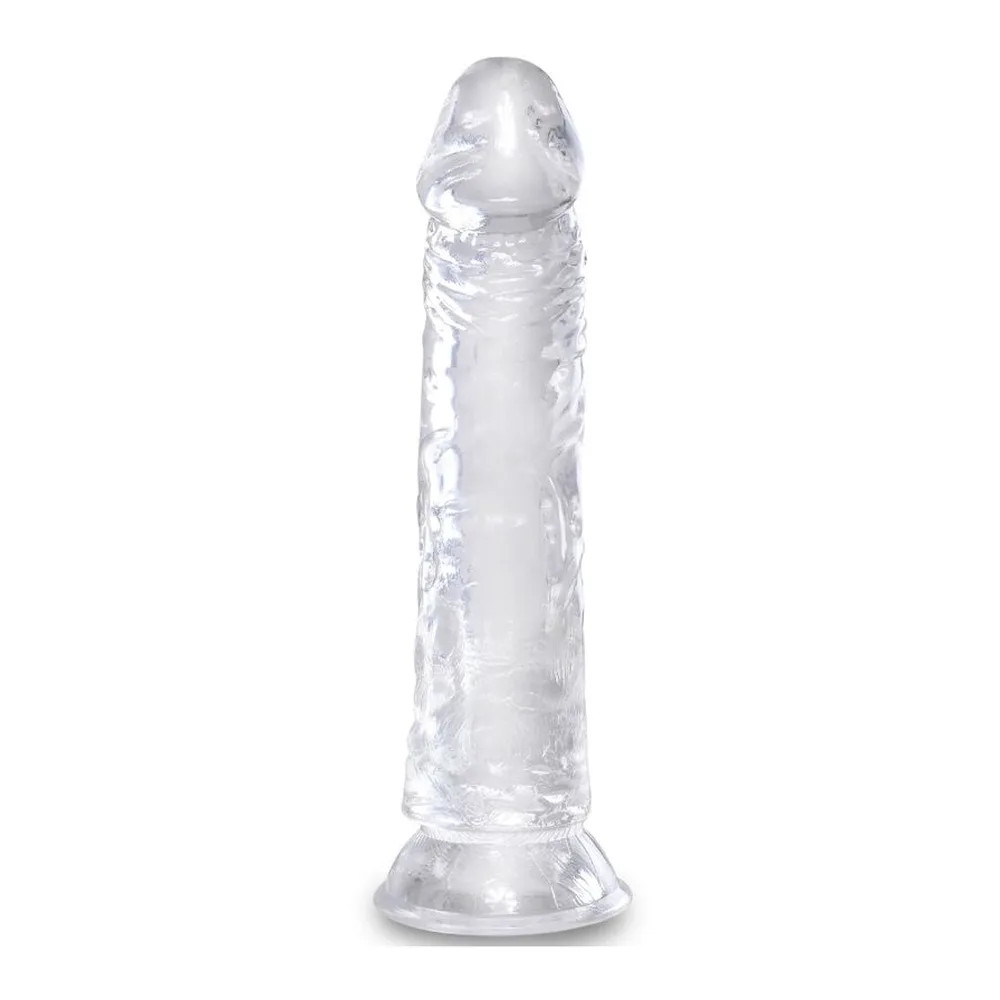 Gode réaliste en silicone transparent avec veines en relief, gland proéminent et ventouse à la base, sur fond blanc