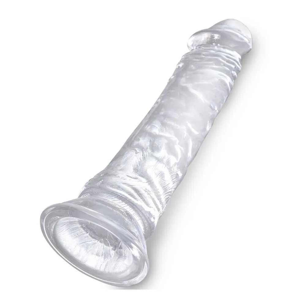 Gode réaliste en silicone transparent avec veines en relief, gland proéminent et ventouse à la base, sur fond blanc